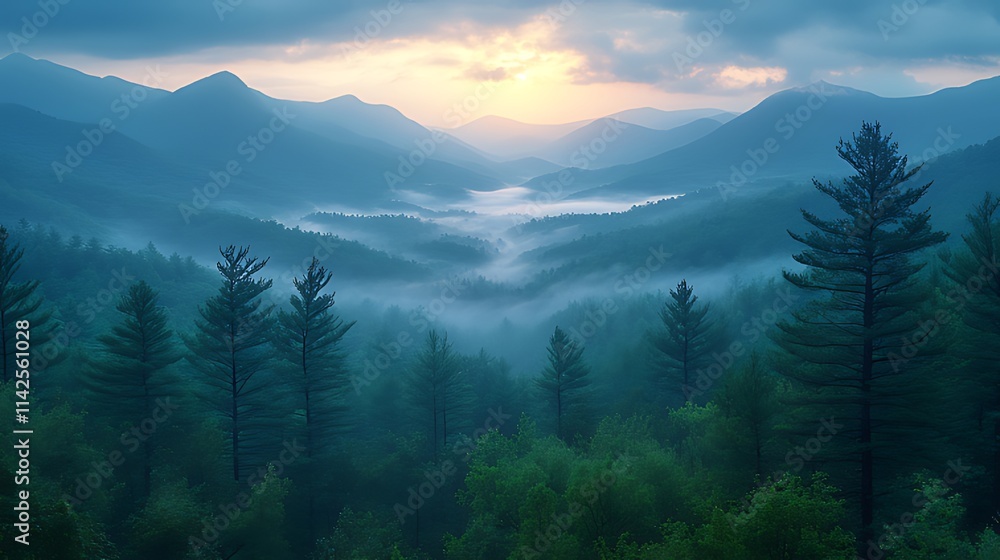 Misty sunrise over mountain range with evergreen forest. Misty sunrise over mountain range with evergreen forest.