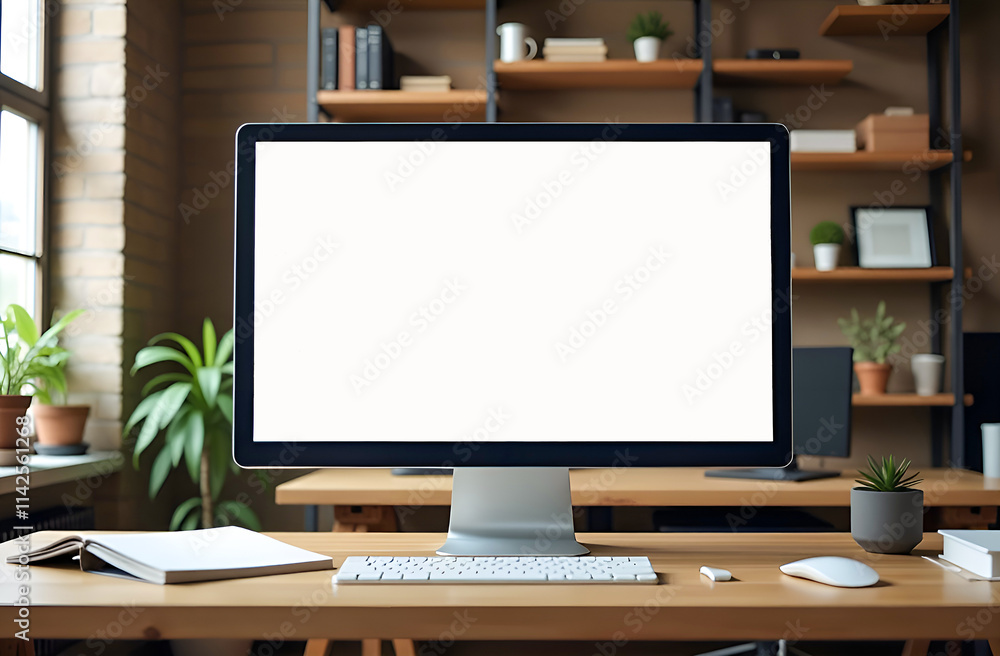A large computer monitor stands on the office table, next to a notebook, a pot with a plant, a keyboard, a mouse A large computer monitor stands on the office table, next to a notebook, a pot with a plant, a keyboard, a mouse
