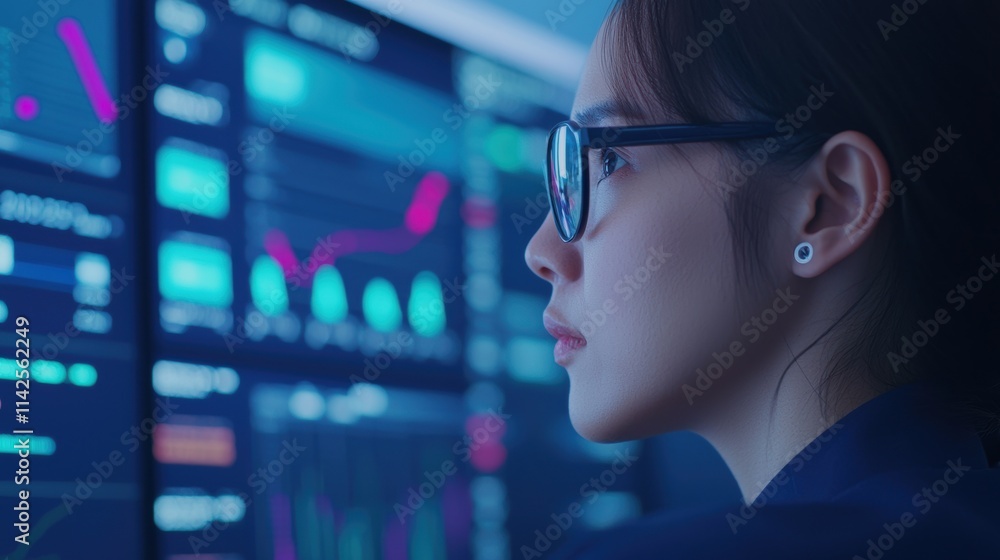 Businesswoman analyzing global market trends on multiple screens in control room Businesswoman analyzing global market trends on multiple screens in control room