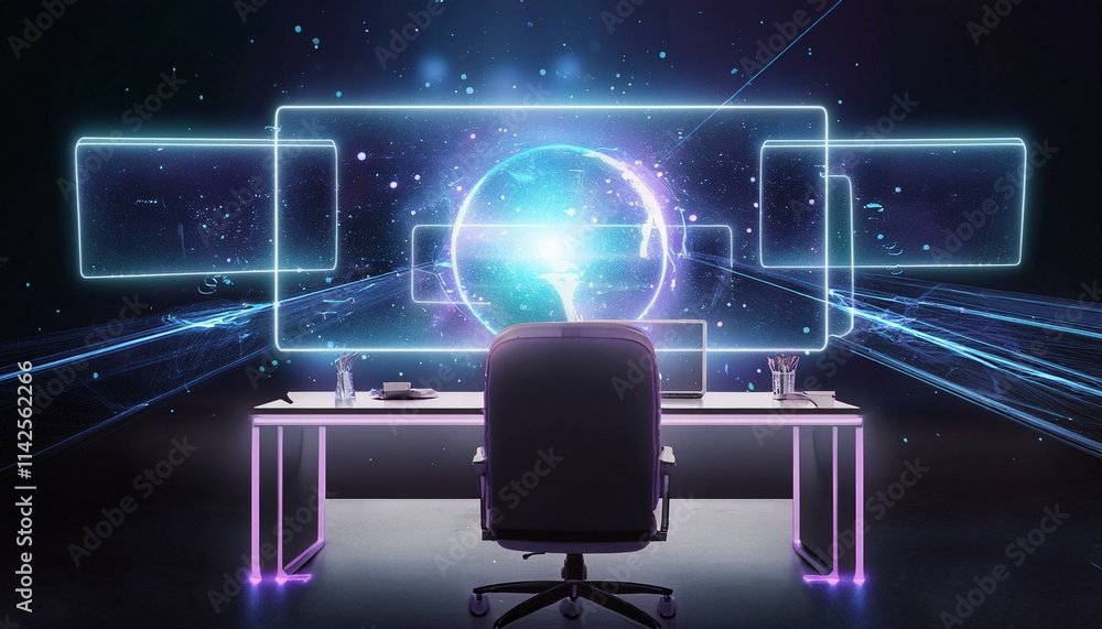 Naklejka premium Consumer future and technology concepts: AI-enhanced workspace, holographic data interfaces on desks.