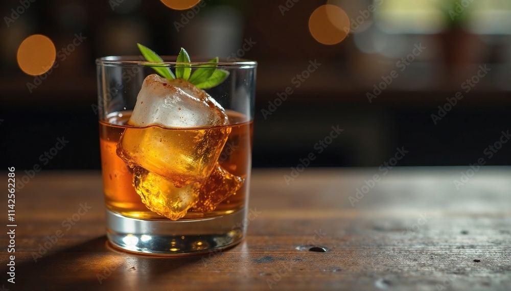 Chilled glass with whiskey and natural ice on wooden table, glass, wood, serene Chilled glass with whiskey and natural ice on wooden table, glass, wood, serene