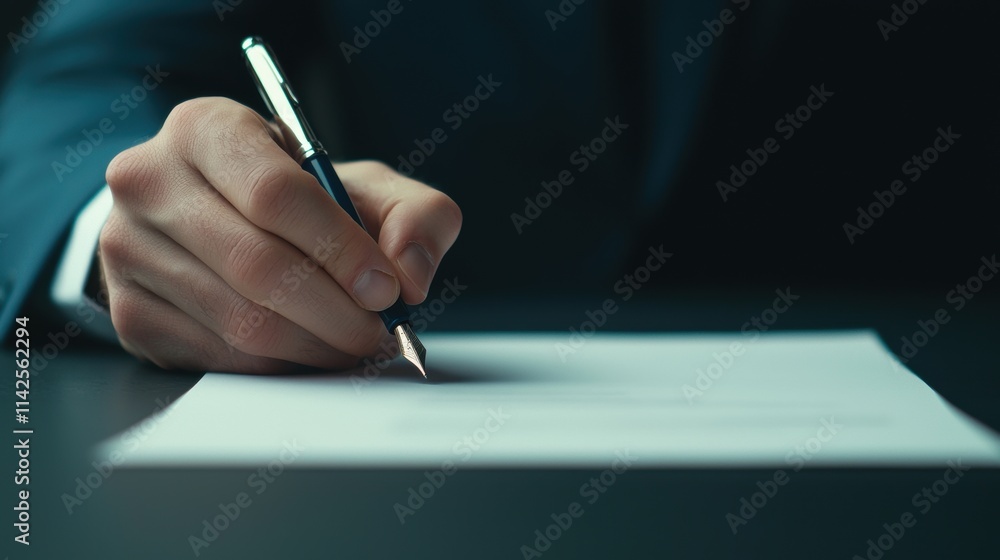 Handsome Male Hand Writing on Document with Fountain Pen at Desk Handsome Male Hand Writing on Document with Fountain Pen at Desk