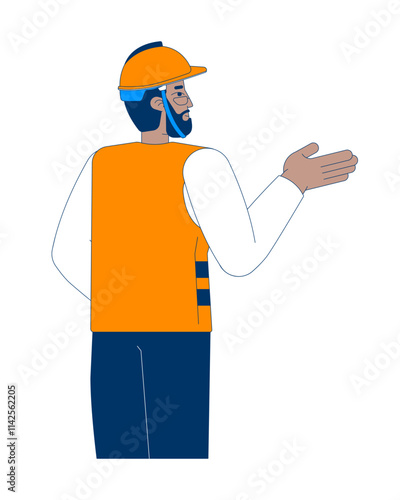 Black male construction worker giving directions 2D cartoon character. Industrial supervisor in safety vest and hardhat isolated person flat vector on white background. Spot illustration colorful