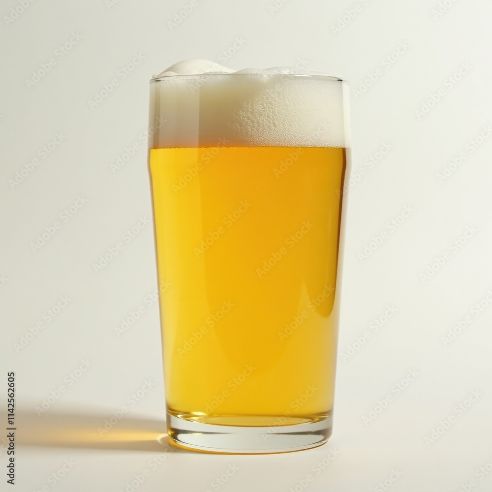 Clear liquid in a cylindrical glass container topped with a thick layer of froth, frothy beer, beer glass, frothy head Clear liquid in a cylindrical glass container topped with a thick layer of froth, frothy beer, beer glass, frothy head