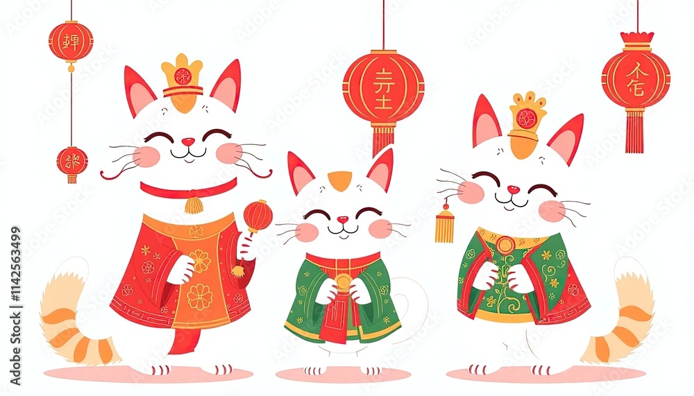 Naklejka premium Cat Celebrates Chinese New Year - New Year Card with Cat - Chinese Cat On The Wall - Cat in Cheongsam