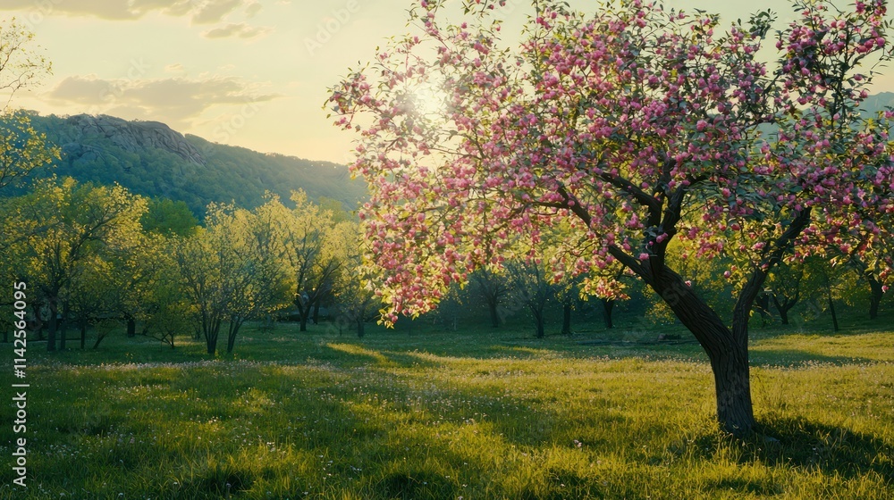 A serene view of an apple tree in full bloom, with pink blossoms and green leaves, symbolizing the beauty of spring A serene view of an apple tree in full bloom, with pink blossoms and green leaves, symbolizing the beauty of spring