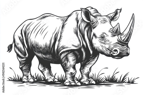 Detailed Illustration of a Rhino in Bold Black and White Style