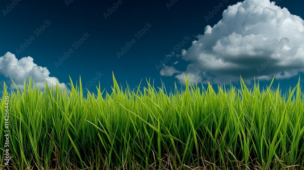 Green Grass and Blue Sky: A tranquil scene of lush green grass reaching towards a vibrant blue sky dotted with fluffy white clouds. The image evokes feelings of serenity, peace. Green Grass and Blue Sky: A tranquil scene of lush green grass reaching towards a vibrant blue sky dotted with fluffy white clouds. The image evokes feelings of serenity, peace.