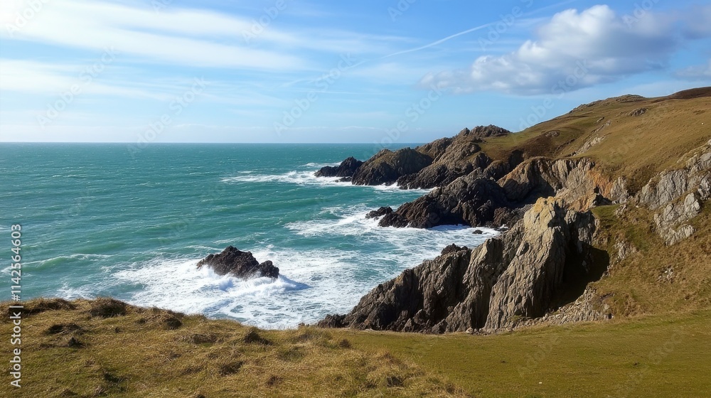 Scenic coastal view with rocky cliffs and crashing waves under a clear blue sky. Scenic coastal view with rocky cliffs and crashing waves under a clear blue sky.