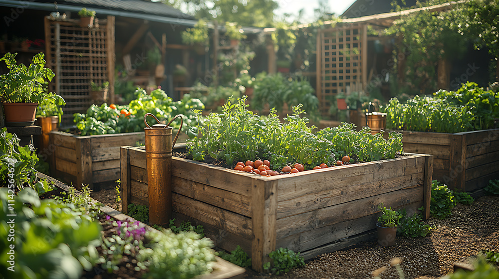 Rustic kitchen garden with antique copper watering cans raised beds filled with rich soil and heirloom vegetable planters featuring a closeup of handcarved wooden trellises Rustic kitchen garden with antique copper watering cans raised beds filled with rich soil and heirloom vegetable planters featuring a closeup of handcarved wooden trellises