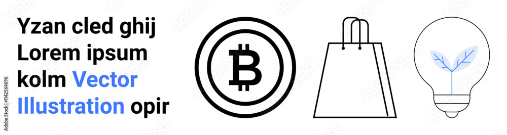 Bitcoin symbol in a circle, minimalist shopping bag, eco-friendly light bulb, placeholder text. Ideal for cryptocurrency, e-commerce, sustainability, digital currency, online shopping green Bitcoin symbol in a circle, minimalist shopping bag, eco-friendly light bulb, placeholder text. Ideal for cryptocurrency, e-commerce, sustainability, digital currency, online shopping green