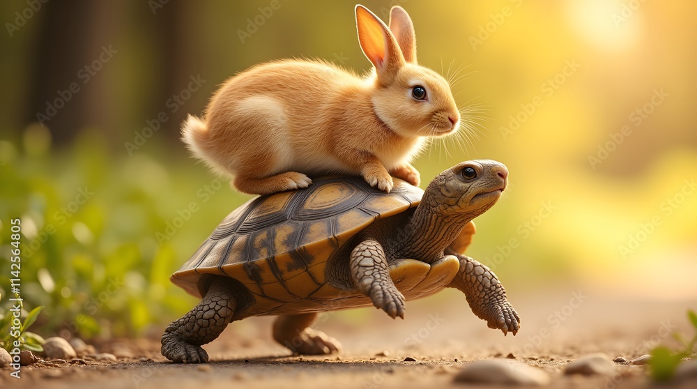 Fototapeta premium Adorable bunny riding a tortoise! A whimsical journey through nature's unexpected pairings. Pure joy!