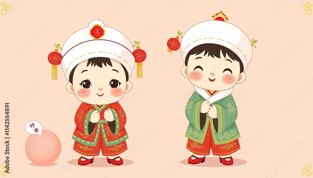 Children Celebrating Chinese New Year - New Year Greeting Card with Children - Chinese Children on Wall - Children in Cheongsam Children Celebrating Chinese New Year - New Year Greeting Card with Children - Chinese Children on Wall - Children in Cheongsam