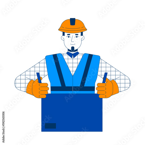 Factory worker packing cardboard box 2D cartoon character. Hardhat packer with gloves and safety gear sealing parcel isolated person flat vector on white background. Spot illustration colorful