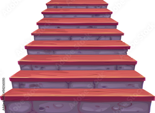 Castle wooden and stone stairs. Cartoon staircase or stairway in cottage house, ascent ladder with timber and rock details. Isolated vector ancient medieval or fairytale interior construction element