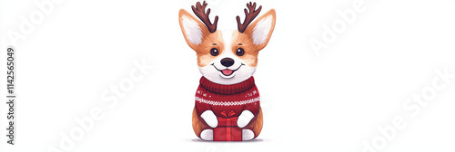 Corgi dog wearing reindeer antlers and sweater, holding gift photo