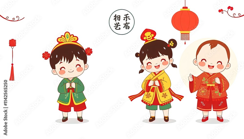Children Celebrating Chinese New Year - New Year Greeting Card with Children - Chinese Children on Wall - Children in Cheongsam Children Celebrating Chinese New Year - New Year Greeting Card with Children - Chinese Children on Wall - Children in Cheongsam