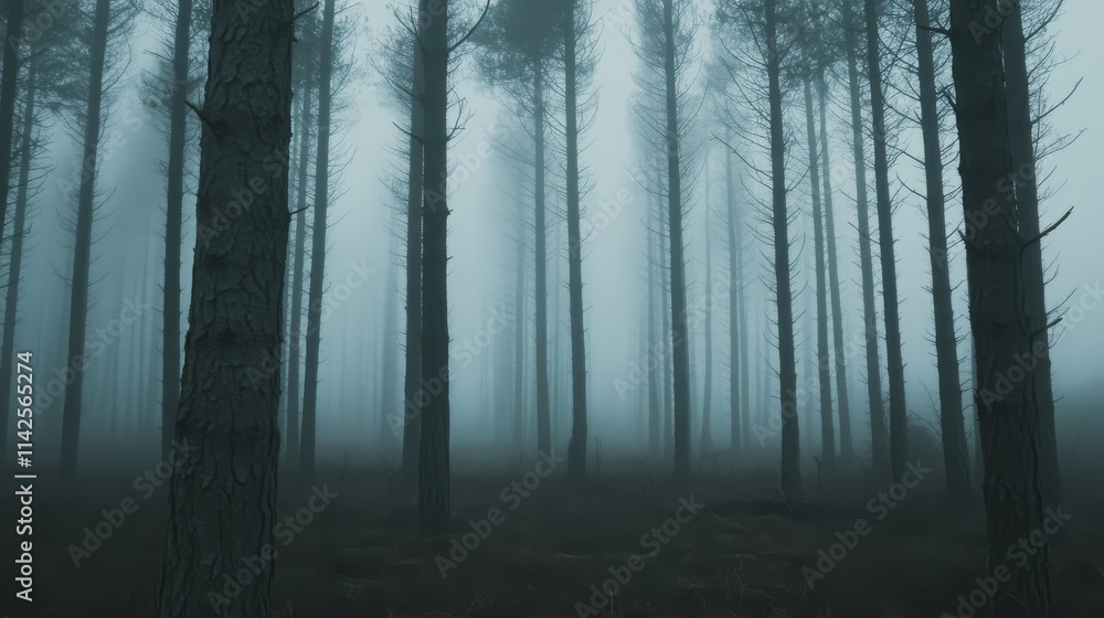 Mysterious fog envelops tall pine trees in an enchanting forest setting. Mysterious fog envelops tall pine trees in an enchanting forest setting.