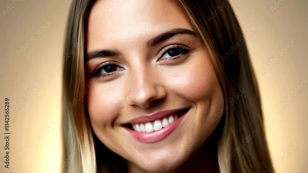 Extreme close-up of a smiling young woman with long blonde hair and brown eyes, against a soft gold background Extreme close-up of a smiling young woman with long blonde hair and brown eyes, against a soft gold background