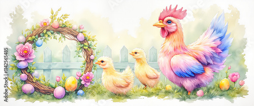 Easter watercolor: Rooster, chicks, wreath, eggs, blurred fence
