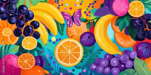 A vibrant fruit-themed background with colorful illustrations of fruits like bananas, oranges, and grapes in a playful design