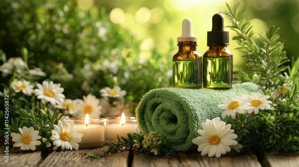 Two glass bottles of essential oils on a bright green towel surrounded by flowers and candles. Two glass bottles of essential oils on a bright green towel surrounded by flowers and candles.