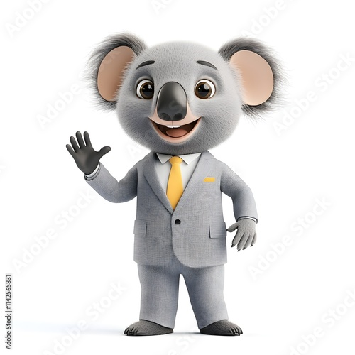 Friendly Cartoon Koala in Business Suit Waving with Cheerful Expression