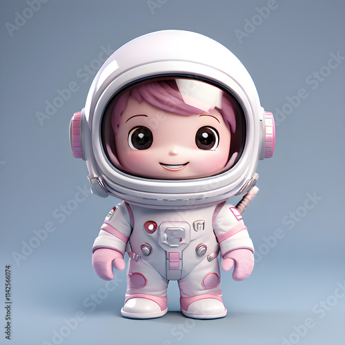 A toy doll in the form of an astronaut in a white spacesuit stands on a gray background. photo