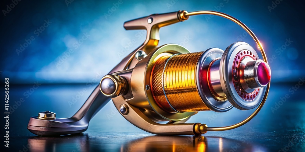 Obraz premium Drone Shot: Isolated Fishing Reel, High-Resolution Aerial Photography, Spinning Reel, Baitcasting Reel, Fishing Gear, Close-Up