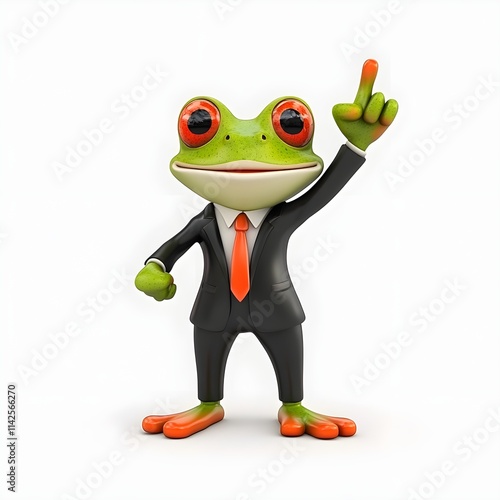 Cartoon frog in business suit gesturing with one finger on a clean background