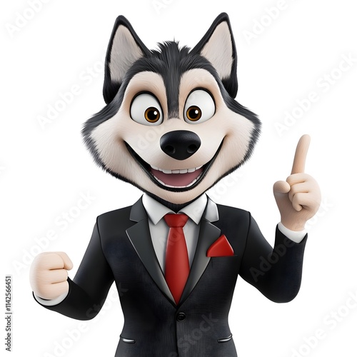 Cheerful Cartoon Wolf in Suit Pointing with Confidence and Charm