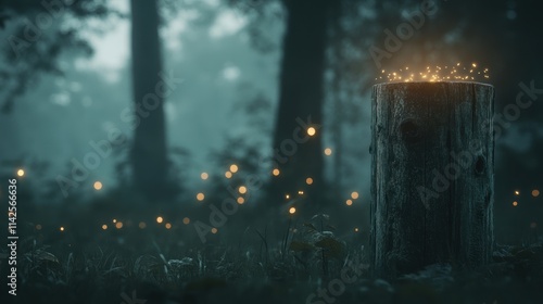 A serene forest scene with a moss-covered stump surrounded by soft, glowing lights, This mystical setting is ideal for themes of nature, tranquility, or magical storytelling in various media, photo