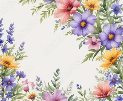 Enchanting watercolor wildflower border pattern, meadow, decorative, greenery, whimsical
