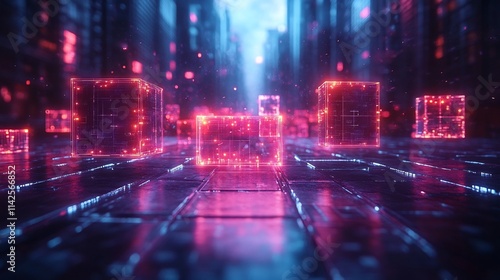 Wallpaper Mural Responsive Holographic Website Development with Futuristic Cyber Neon Blocks Floating in an Abstract Digital Landscape Torontodigital.ca