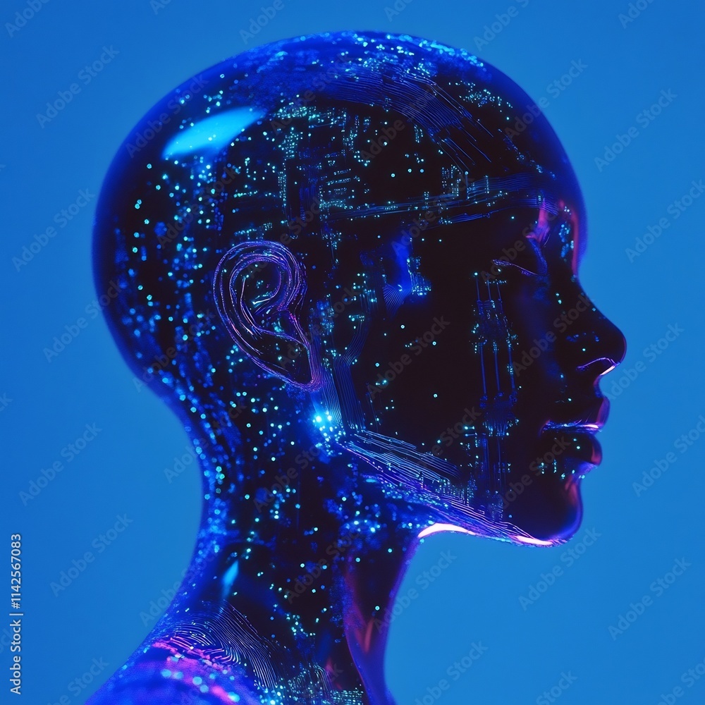 Obraz premium Glowing Digital Head Profile against Futuristic Blue Backdrop
