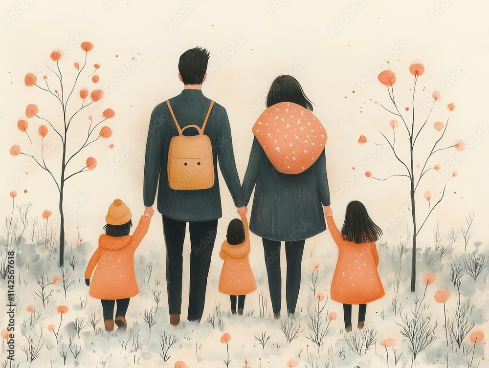 A family of refugees on the move, parents and children, refugees and immigrants looking for a new hope in life. Abandoning their lands for a better future, to the generative
