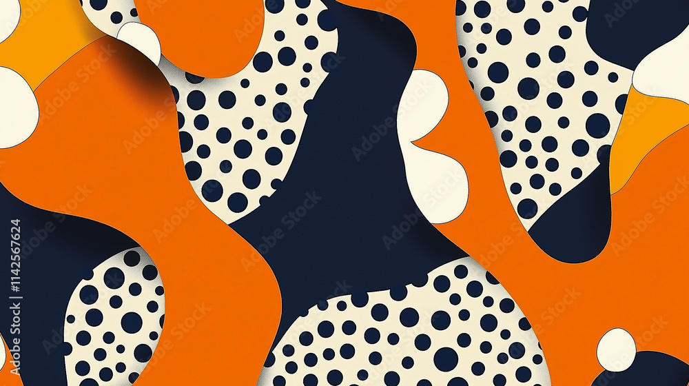 Abstract orange and blue background with polka dots and organic shapes creating depth Abstract orange and blue background with polka dots and organic shapes creating depth