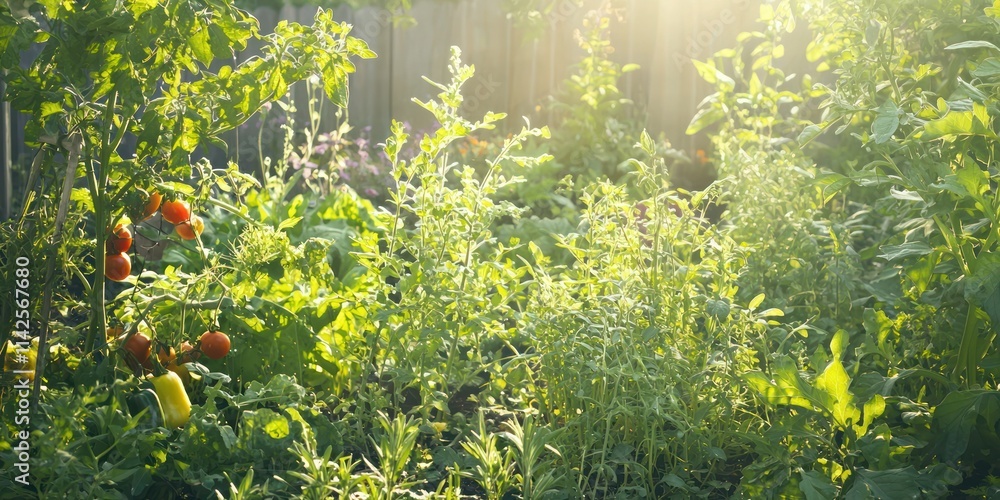 Obraz premium A vibrant vegetable garden scene featuring various plants, including tomatoes, cucumbers, and herbs, with sunlight filtering through the leaves