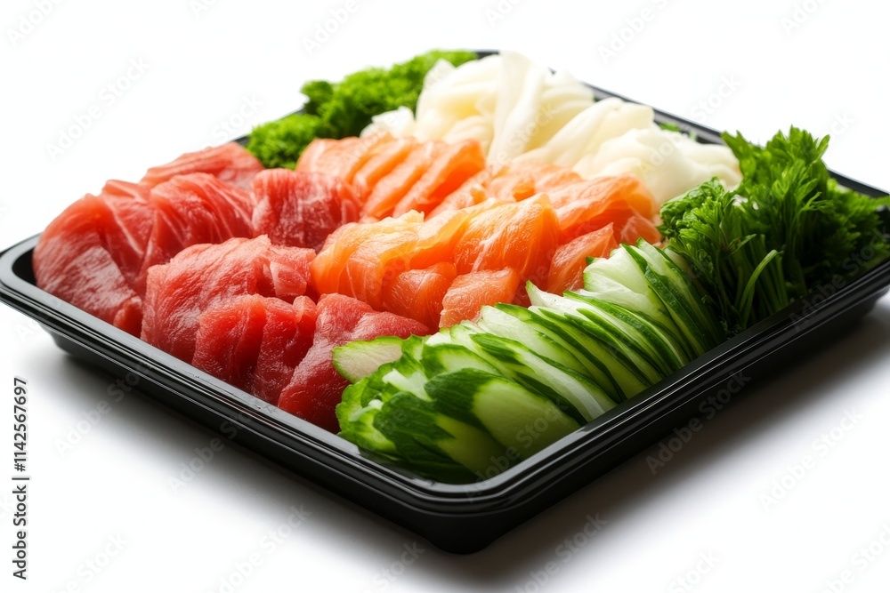 Fresh and colorful sushi platter featuring a variety of fish and vegetables, beautifully arranged for an appetizing presentation. Fresh and colorful sushi platter featuring a variety of fish and vegetables, beautifully arranged for an appetizing presentation.