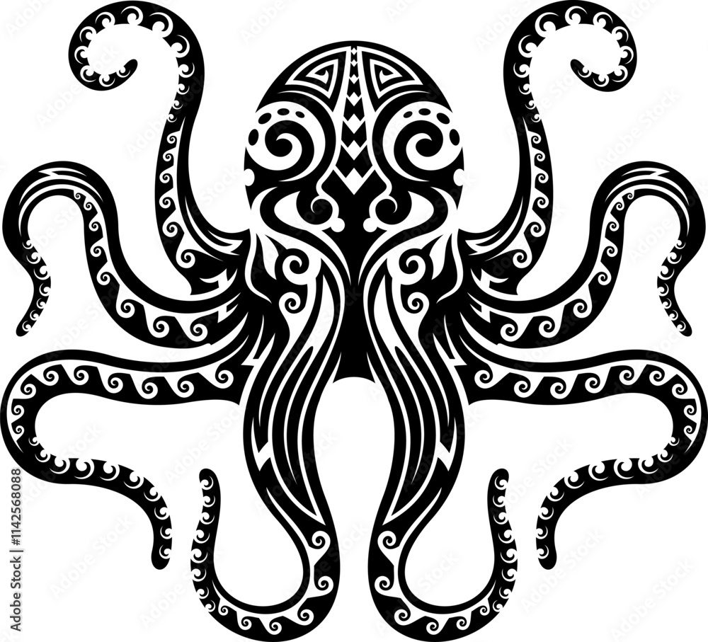Maori tribal octopus ocean animal tattoo. Hawaiian culture ocean life vector ornament. New Zealand or Polynesian Maori tribal sea animal tattoo symbol. Samoan tribe marine nature octopus print Maori tribal octopus ocean animal tattoo. Hawaiian culture ocean life vector ornament. New Zealand or Polynesian Maori tribal sea animal tattoo symbol. Samoan tribe marine nature octopus print