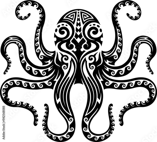 Maori tribal octopus ocean animal tattoo. Hawaiian culture ocean life vector ornament. New Zealand or Polynesian Maori tribal sea animal tattoo symbol. Samoan tribe marine nature octopus print