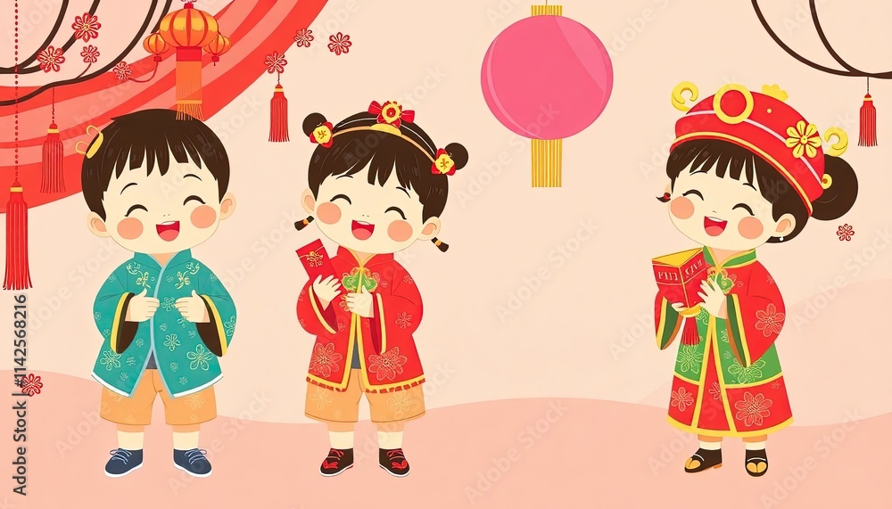 Children Celebrating Chinese New Year - New Year Greeting Card with Children - Chinese Children on Wall - Children in Cheongsam Children Celebrating Chinese New Year - New Year Greeting Card with Children - Chinese Children on Wall - Children in Cheongsam