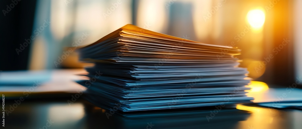 custom made wallpaper toronto digitalStack of documents on office table at sunset.