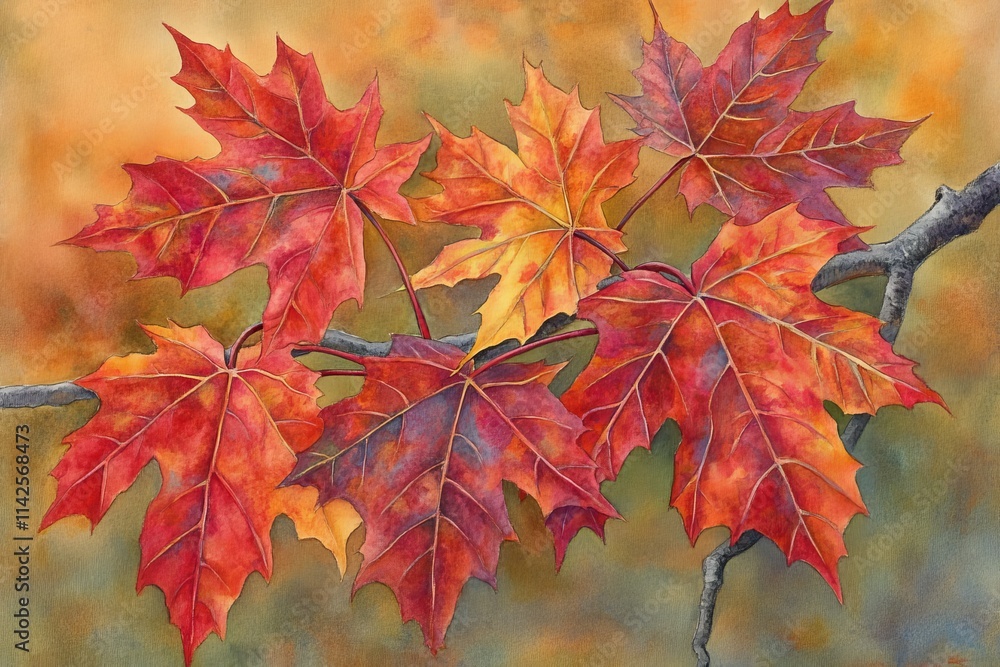 Vibrant Autumn Leaves Displaying Rich Shades of Red, Orange and Yellow Against a Soft Blurred Background, Capturing the Essence of Fall Foliage in a Natural Setting Vibrant Autumn Leaves Displaying Rich Shades of Red, Orange and Yellow Against a Soft Blurred Background, Capturing the Essence of Fall Foliage in a Natural Setting
