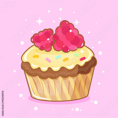 Vector design of a cupcake with raspberries and colored sprinkles