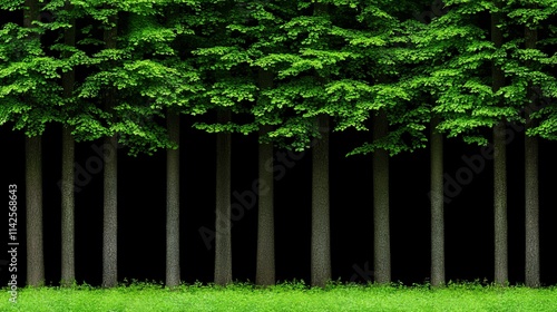 Lush Green Canopy: A breathtaking view of a vibrant green forest, where sunlight illuminates the lush leaves, contrasting beautifully against the dark trunks and vibrant green grass.