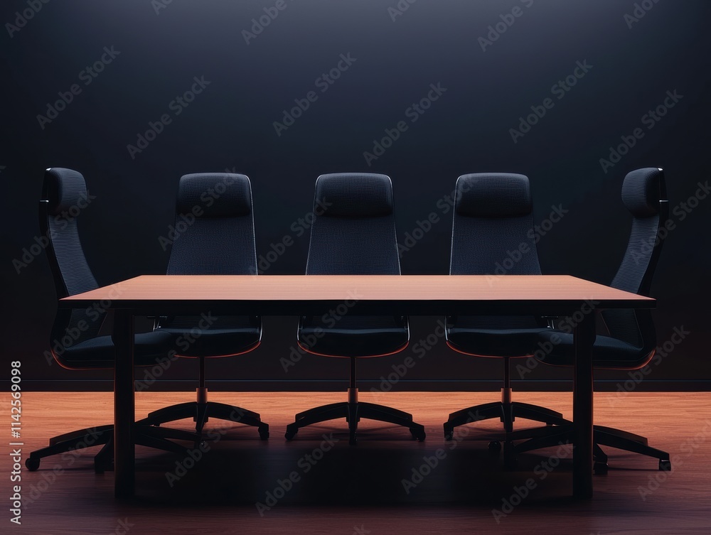 Five empty black office chairs surrounding wooden table in dark meeting room Five empty black office chairs surrounding wooden table in dark meeting room