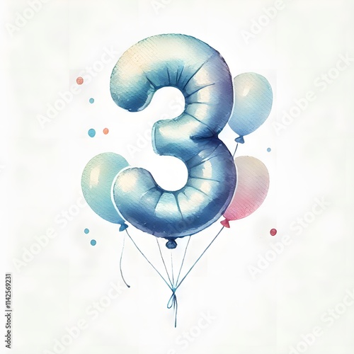 숫자 3 모양 풍선, 수채화, jpeg (a balloon in the shape of a number three, water colour, jpeg)