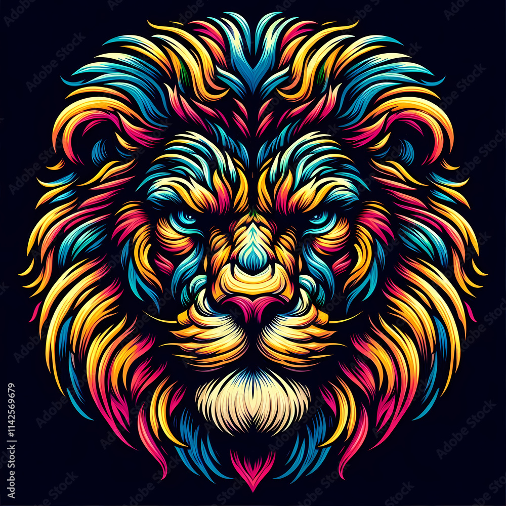 Fototapeta premium Vibrant and detailed lion illustration with colorful mane on a black background.