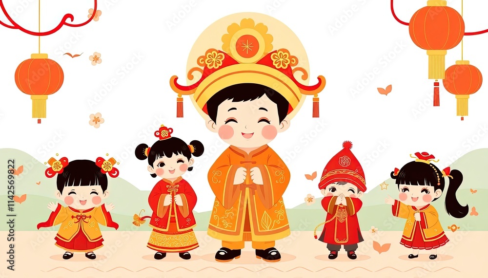 Obraz premium Children Celebrating Chinese New Year - New Year Greeting Card with Children - Chinese Children on Wall - Children in Cheongsam